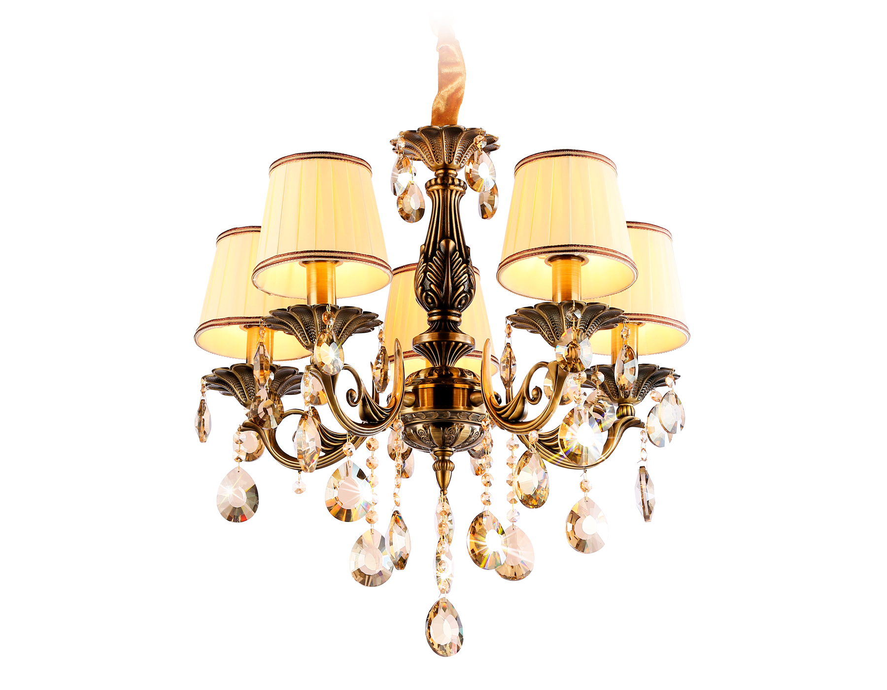 Подвесная люстра с абажурами и хрусталем TR4577/5 SB/WH бронза/белый E14/5 max 40W D560*570