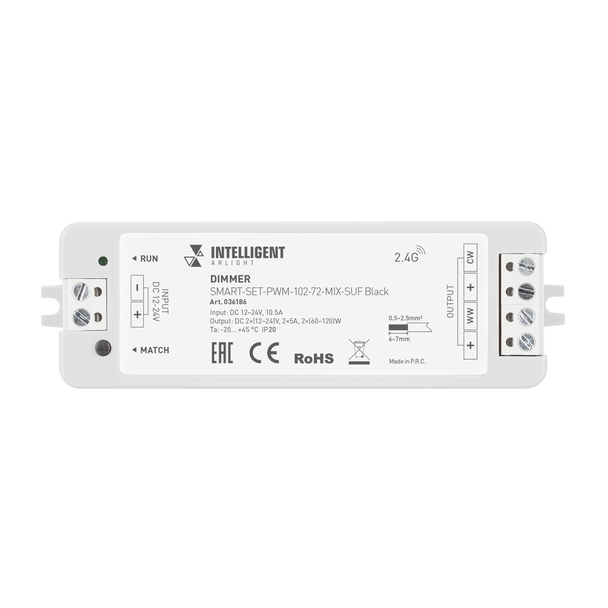 INTELLIGENT ARLIGHT Диммер SMART-SET-PWM-102-72-MIX-SUF Black (12-24V, 2x5A, ПДУ LINE, 2.4G) (IARL, IP20 Пластик, 5 лет) 036186