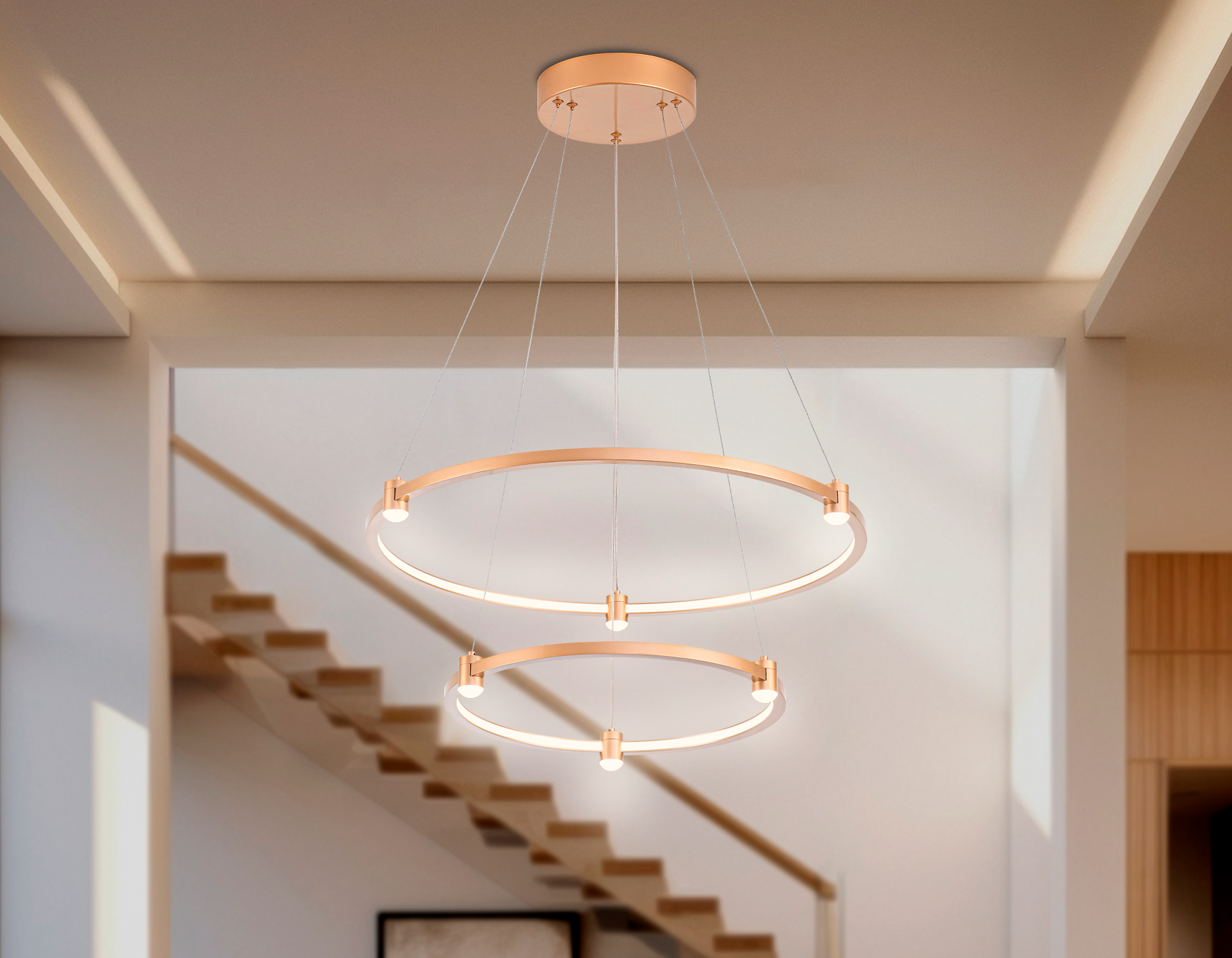 Подвесной светодиодный светильник FL5508/2+6 GD золото 45W 3000K/4200K/6400K D600/400*1300 (без ПДУ)