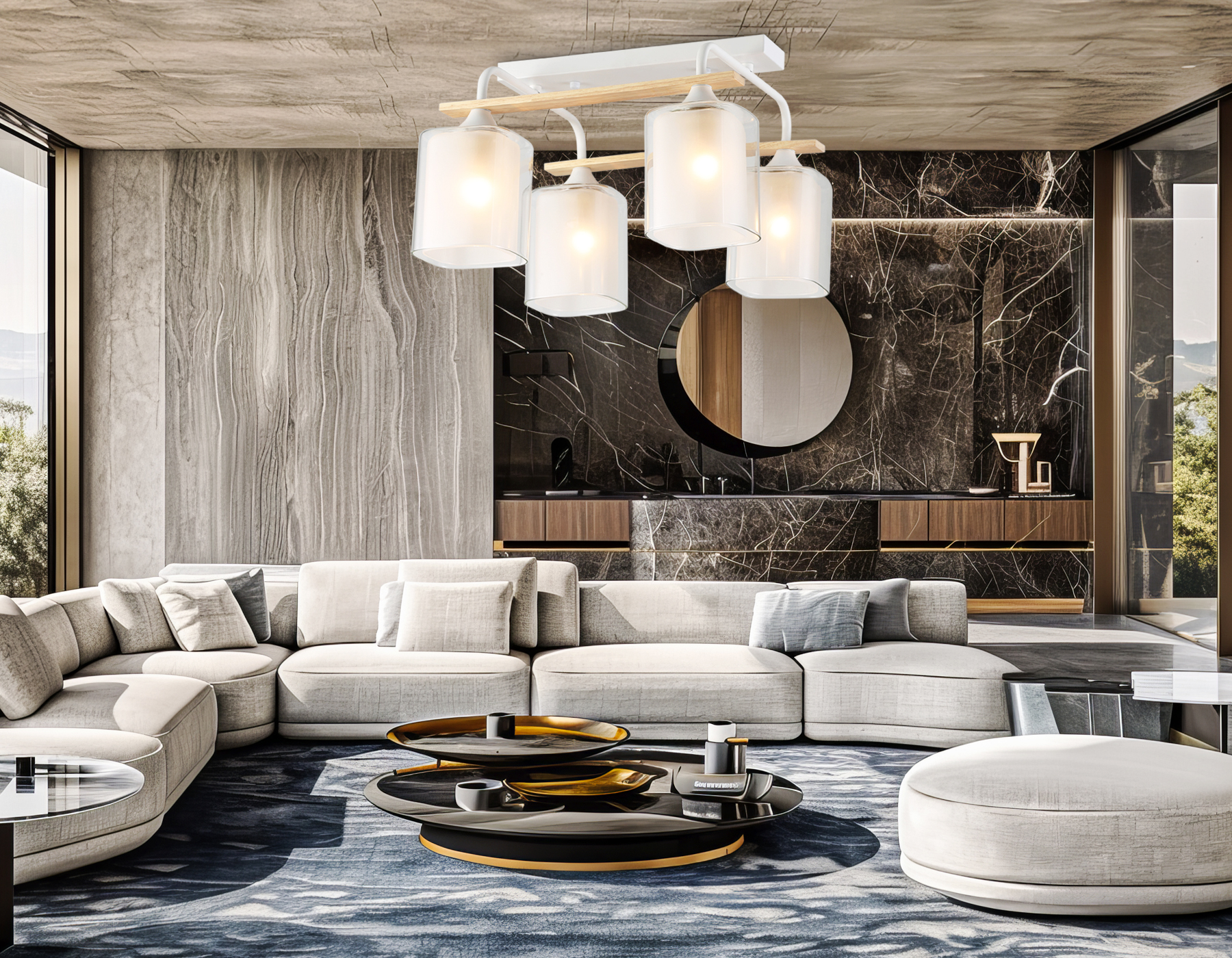 Светильник потолочный со стеклянными плафонами TR3033246/4 WH/WD белый/дерево E27/4 max 60W 340*340*245