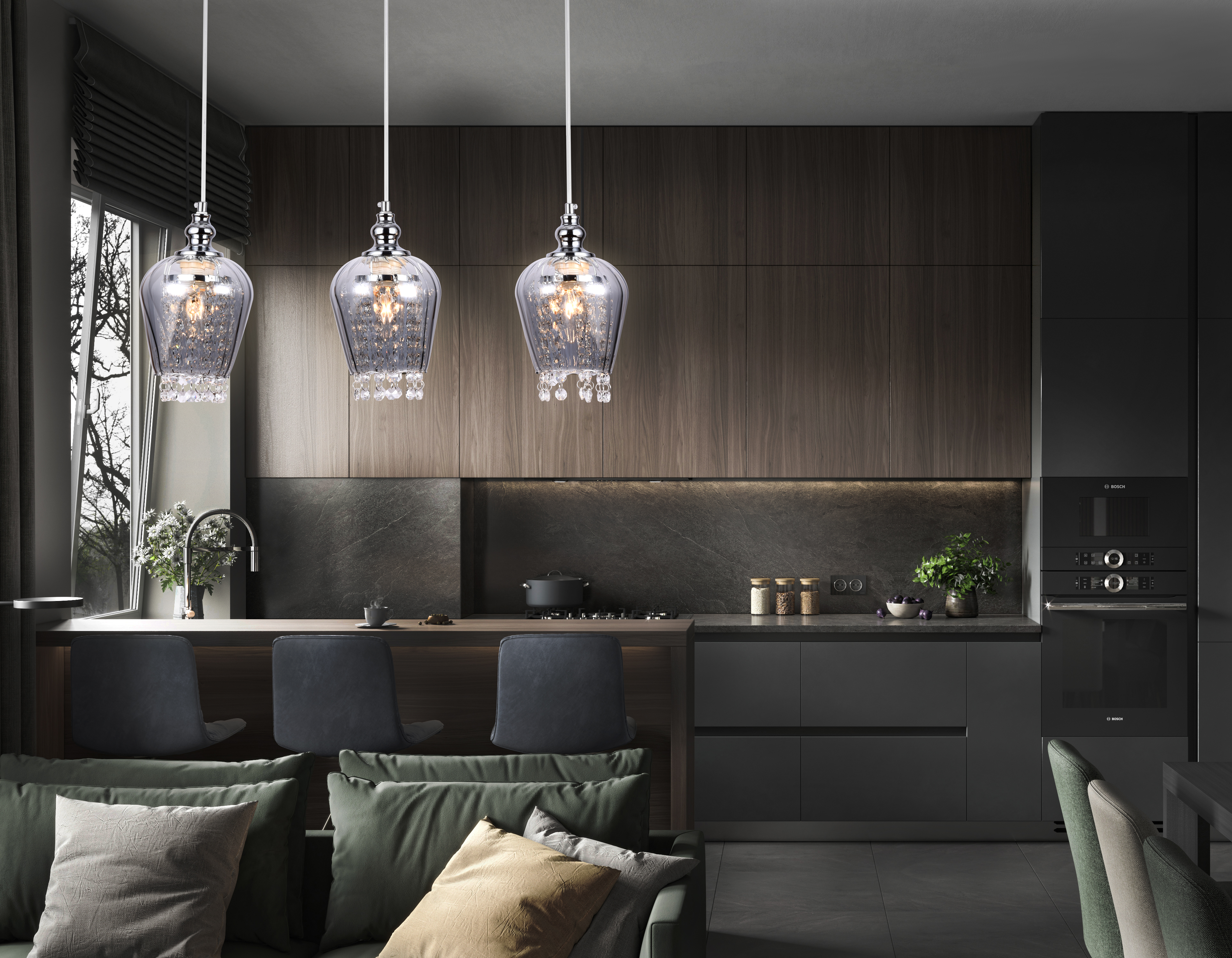 Подвесной светильник со сменной лампой TR3613/3 CH/SM хром/дымчатый E27/3 max 40W 570*140*920