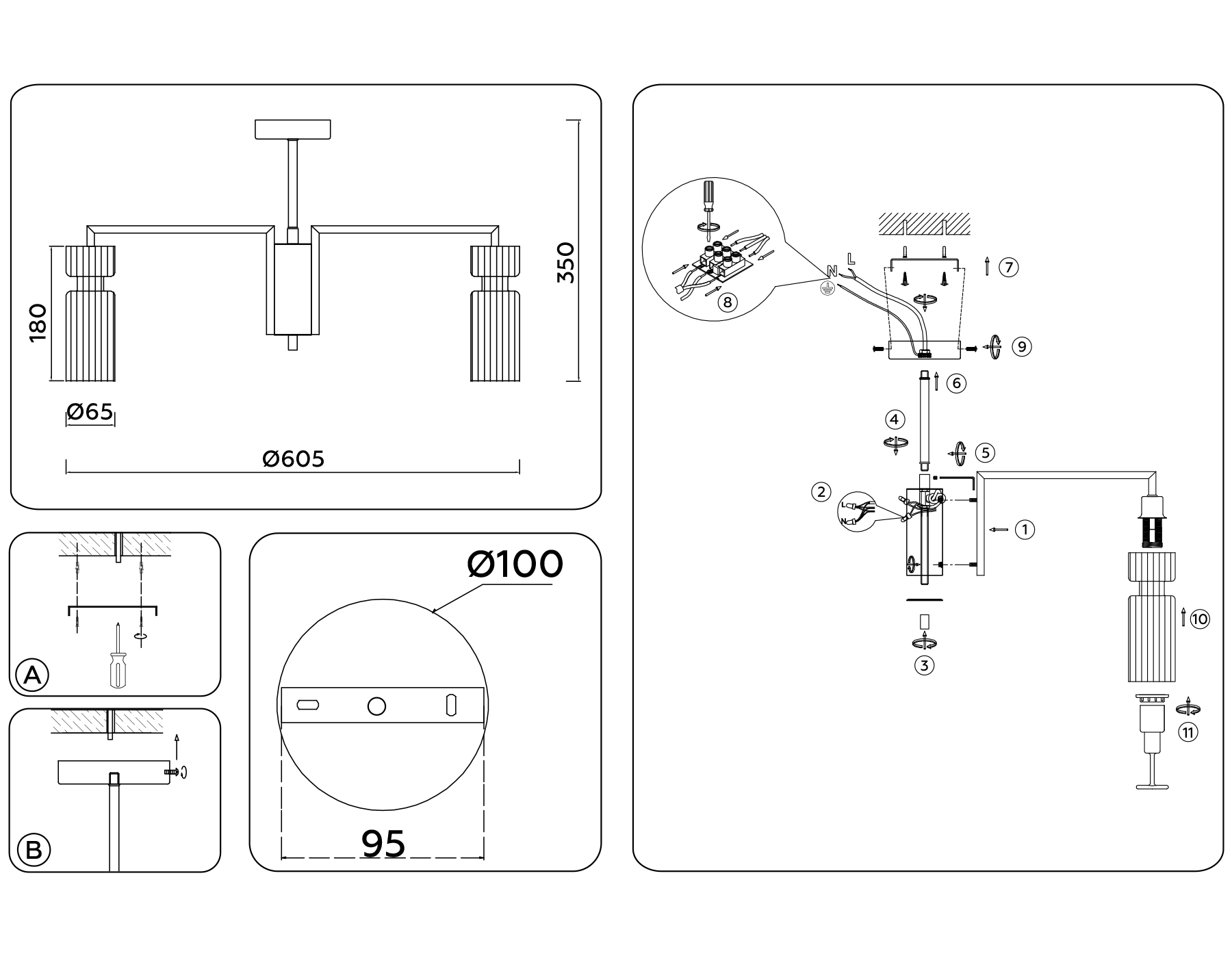 Люстра на штанге LH56113/5 BK/BS/CL черный/латунь/прозрачный E14*5 max 40W D605*350