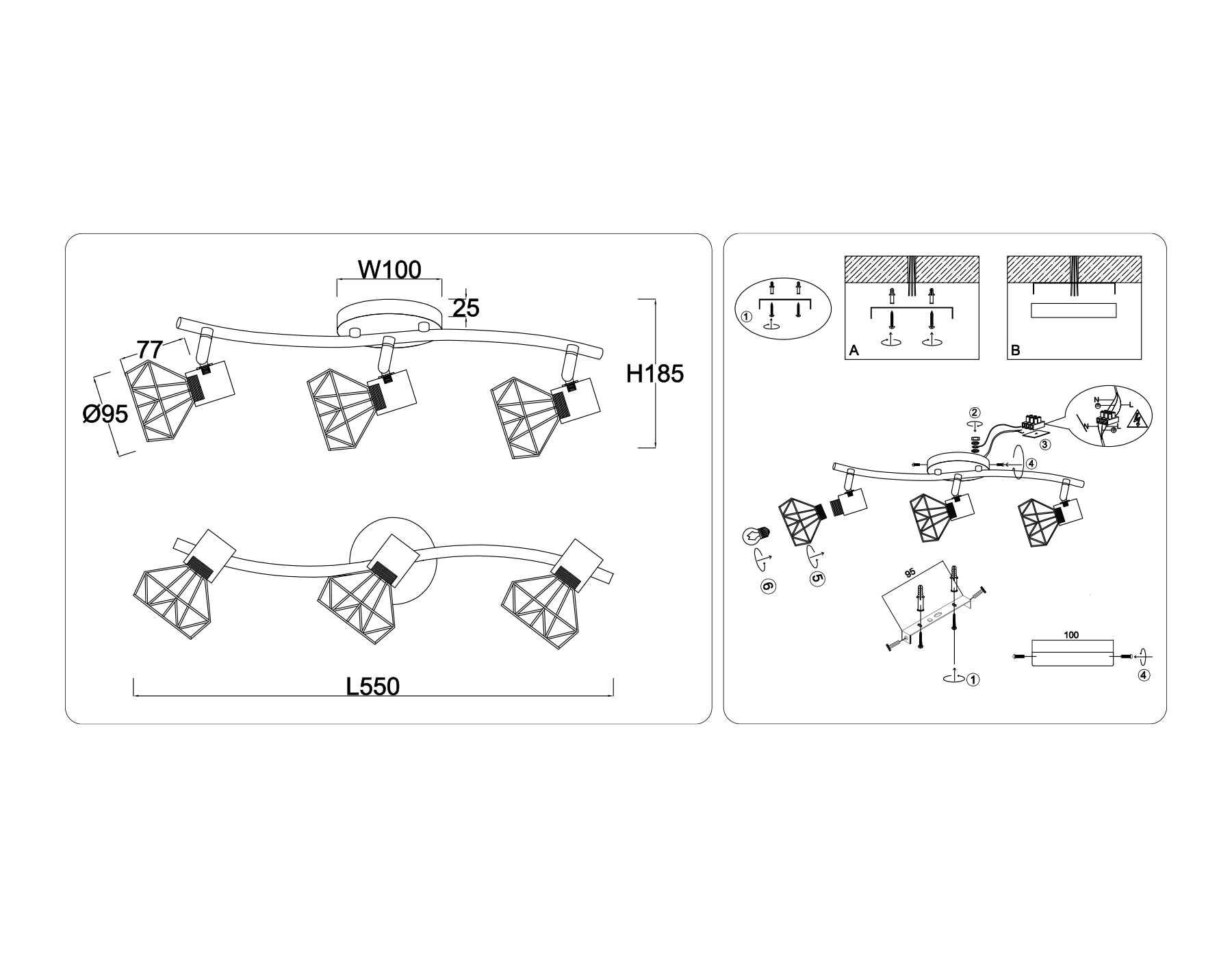 Настенно-потолочный спот в стиле лофт TR8657/3 BK/GD черный/золото E14/3 max 60W 550*100*185