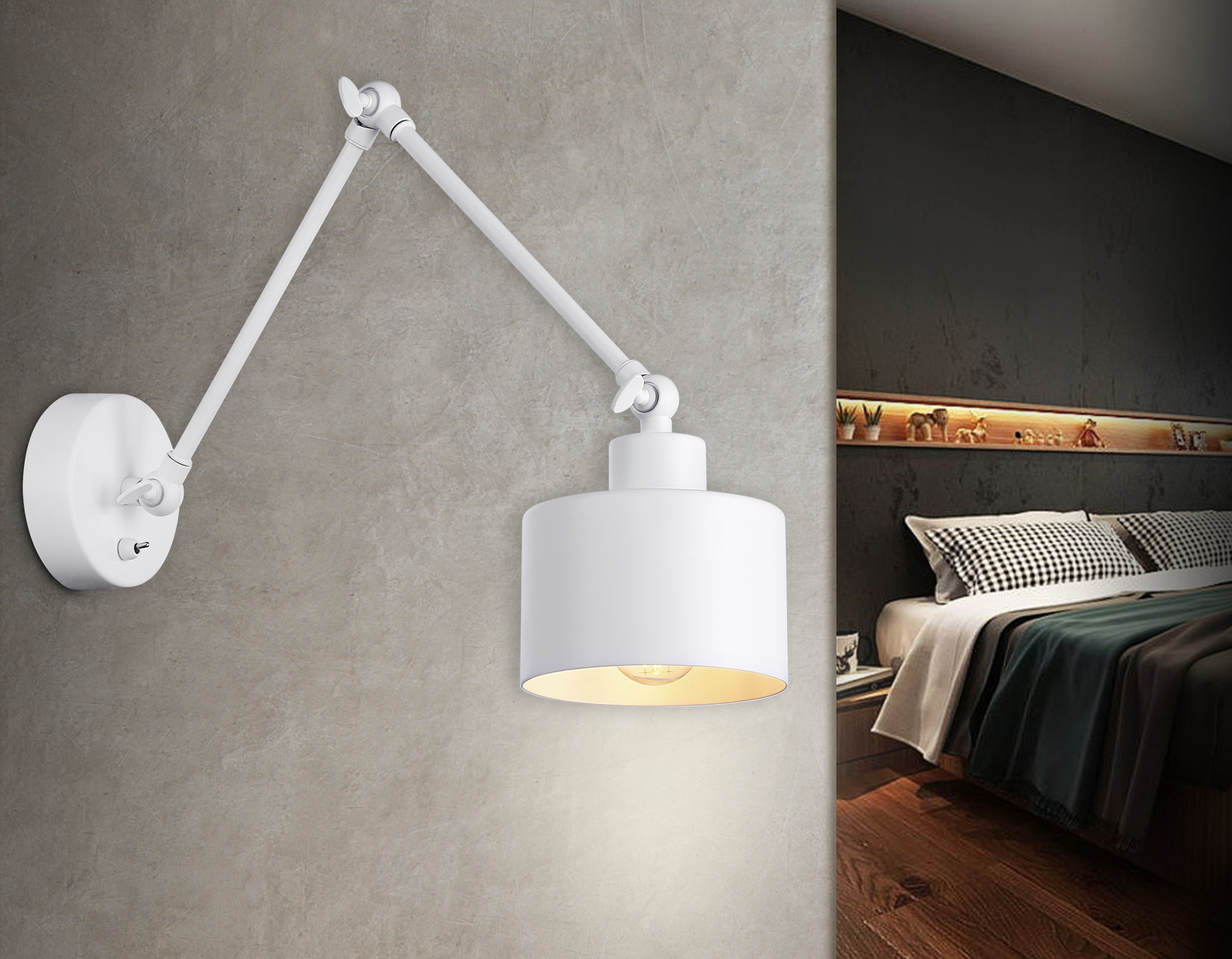 Настенный светильник с выключателем в стиле лофт TR8146 WH белый E27 max 40W 340*120*490