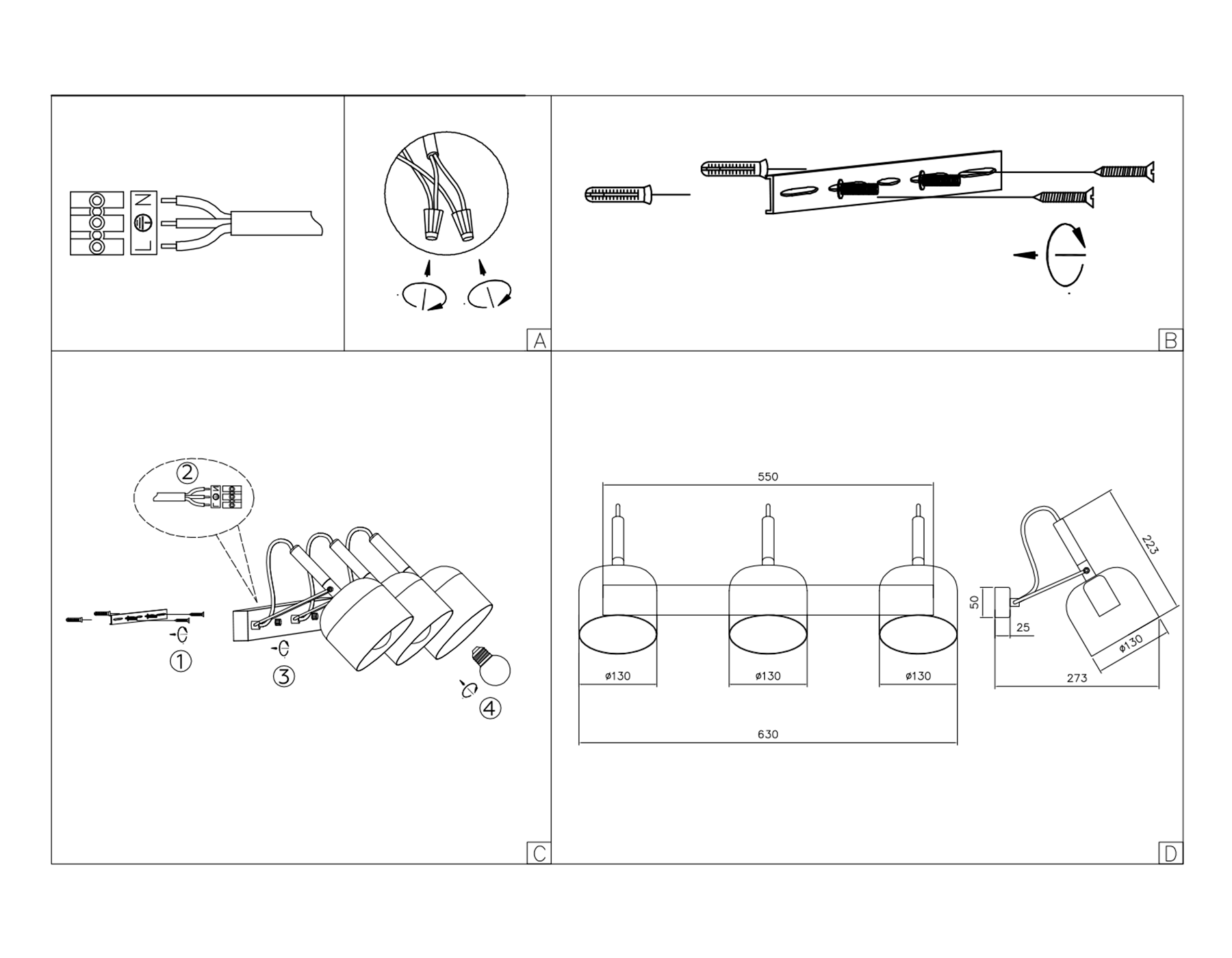 Настенно-потолочный спот TR97109/3 GD/BK золото/черный E27*3 max 40W D130*223*273*550