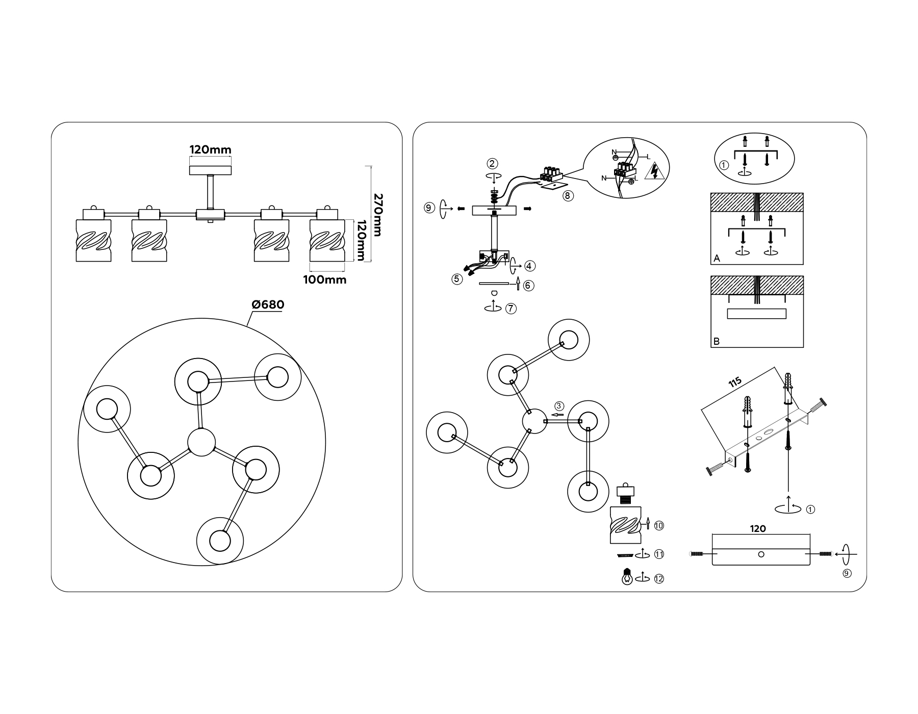 Люстра на штанге со стеклянными плафонами TR303325/6 BK/GD черный/золото E27/6 max 60W D680*270