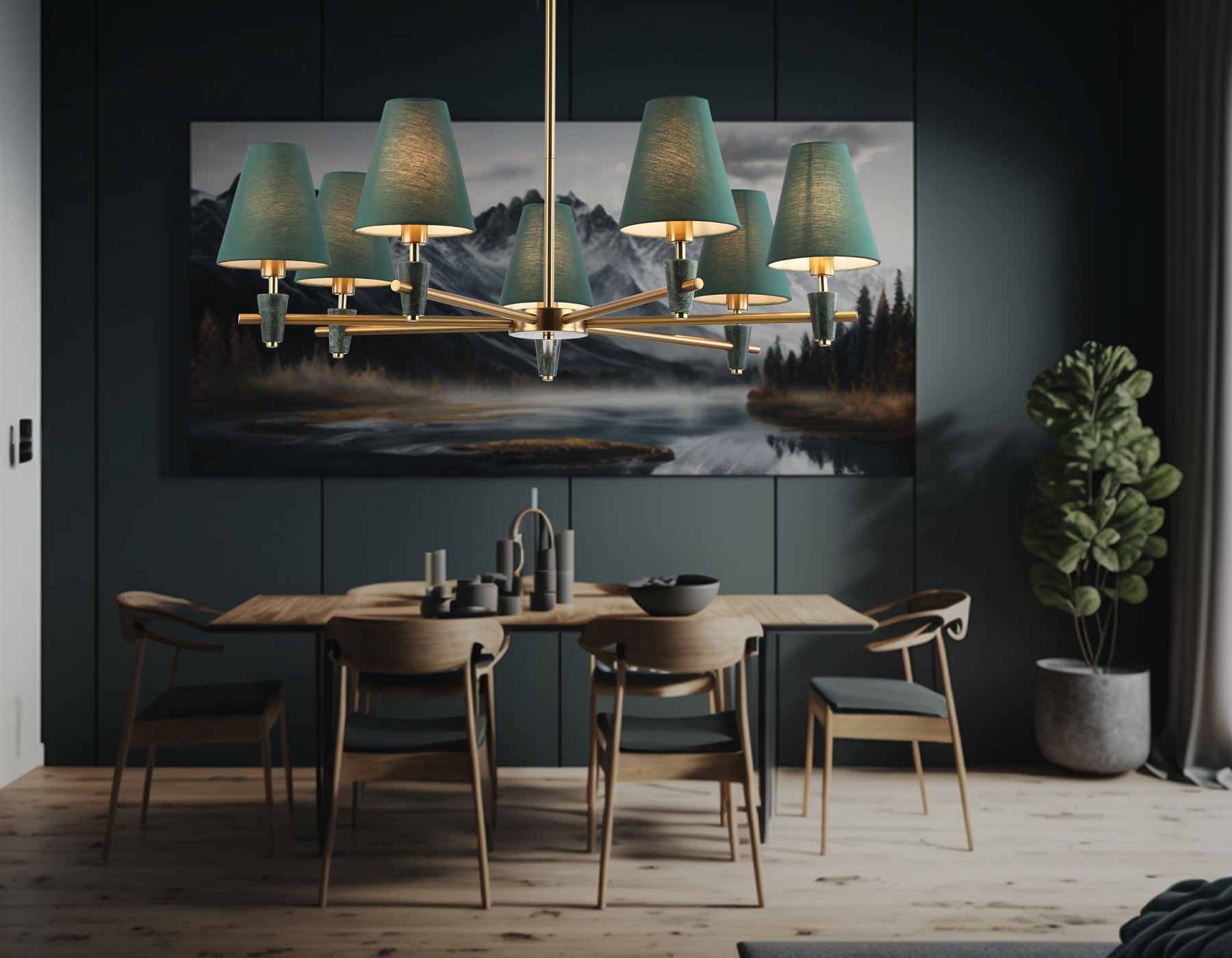 Люстра на штанге с абажурами и мрамором LH75053/7 BS/GN латунь/зеленый E14*7 max 40W D840*580