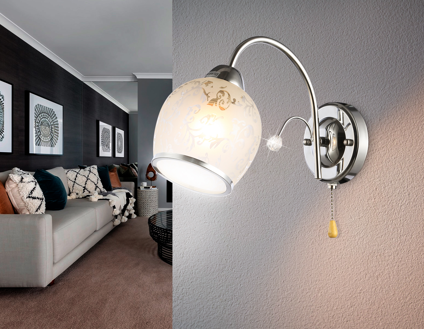 Настенный светильник с выключателем TR3194 CH/CL/FR хром/прозрачный/белый матовый E27 max 40W 190*110*290