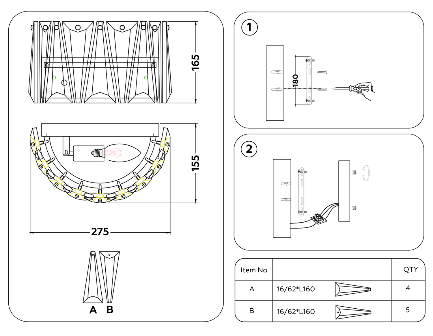 Настенный светильник с хрусталем TR5175 CH/CL хром/прозрачный E14 max 40W 275*165*155