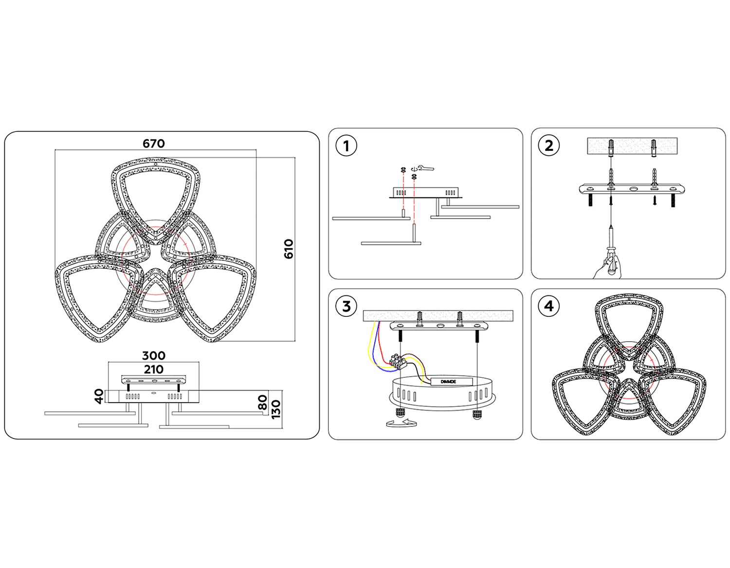 Управляемый потолочный светодиодный светильник FA8861/3+3 CH хром 153W 3000K+6400K/3000K/6400K/4200K+4200K 670*610*130 (ПДУ РАДИО 2.4G)