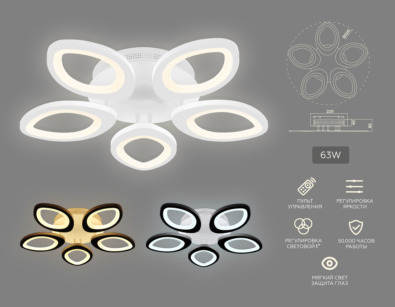 Потолочный светодиодный светильник с пультом FA4492/5 WH белый 4200K/3000K/6400K 63W D520*85 (ПДУ ИК)