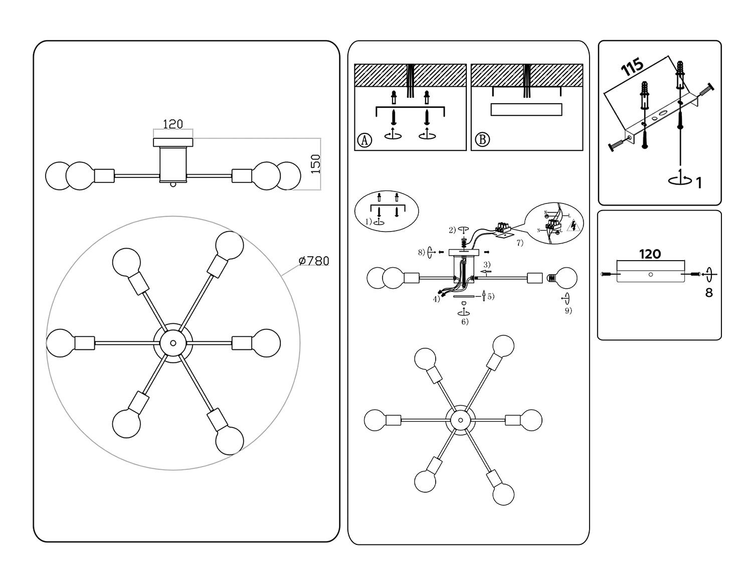 Потолочный светильник в стиле лофт TR80401/6 WH белый E27/6 max 60W D780*150