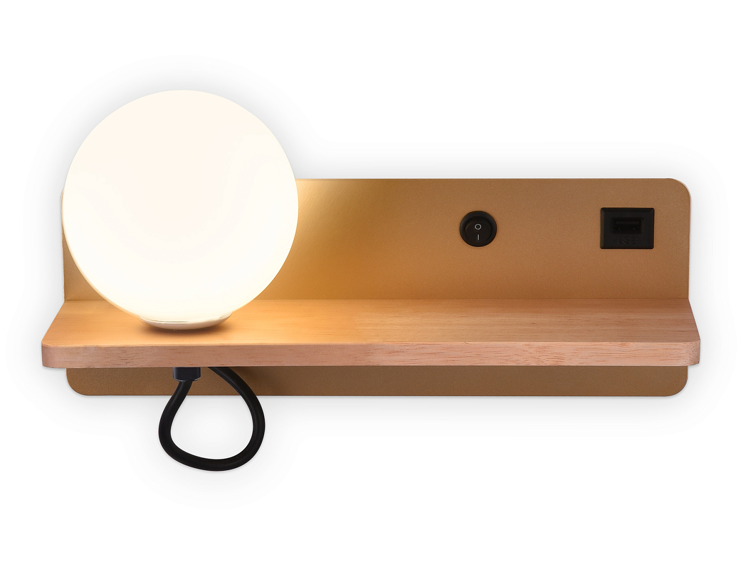 Настенный светильник с выключателем, USB портом и полкой FW520 GD/LW золото/светлое дерево G9 max 40W 280*100*125 (лампа LED G9 5W 4200K в комплекте)