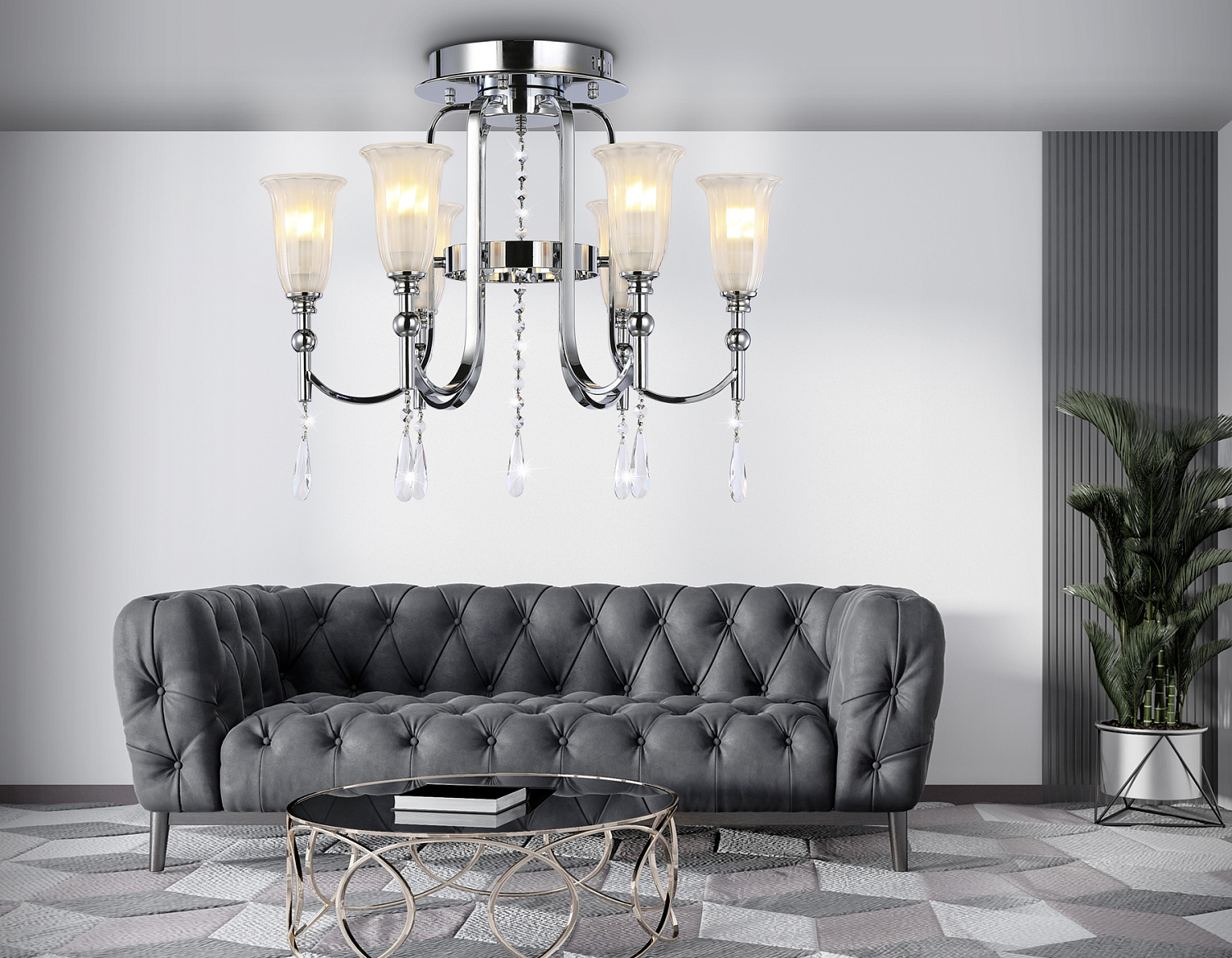 Потолочная люстра с хрусталем TR3243/6 CH/FR хром/белый матовый E14*6 max 40W D600*520