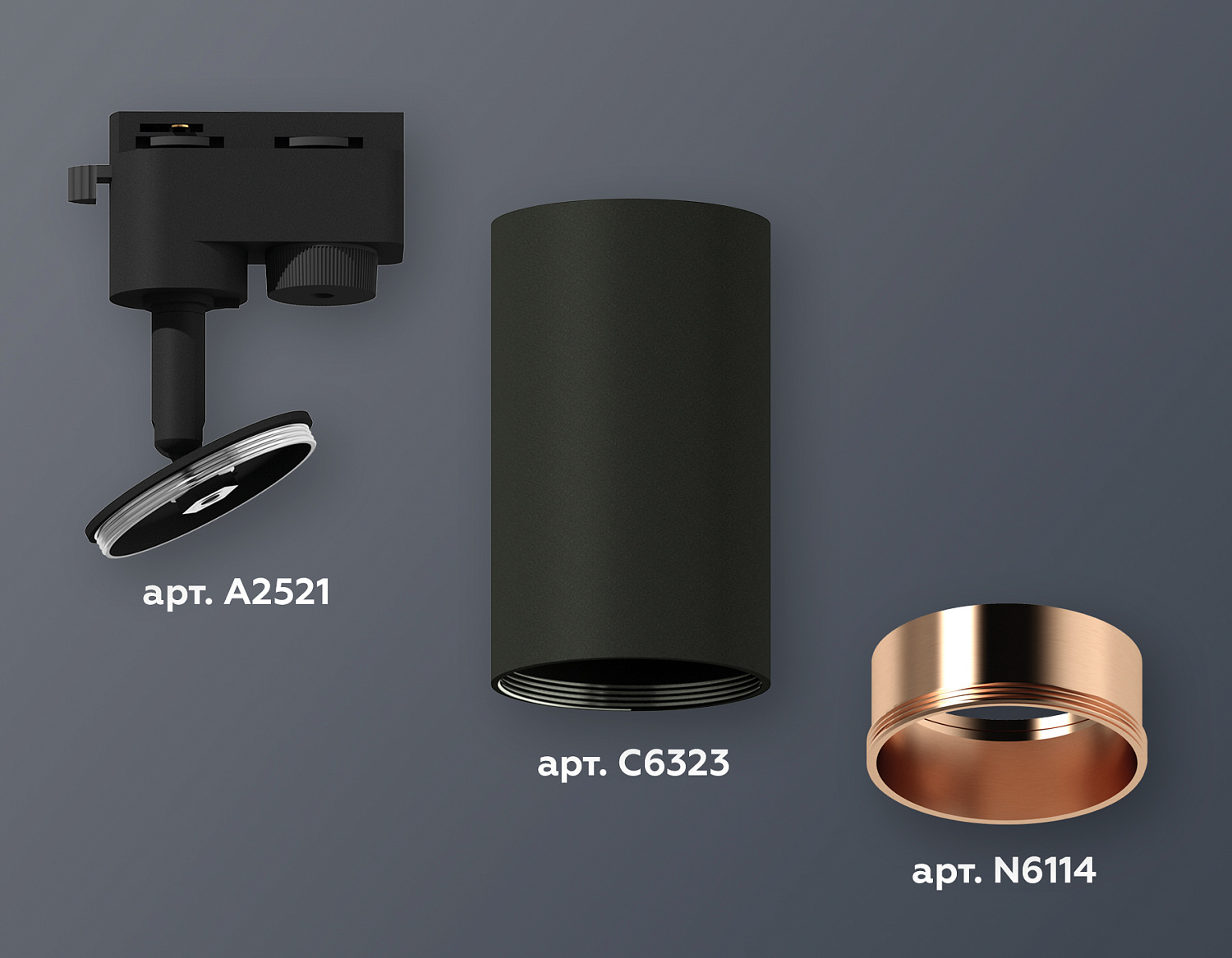 Комплект трекового однофазного светильника XT6323024 SBK/PPG черный песок/золото розовое полированное MR16 GU5.3 (A2521, C6323, N6114)