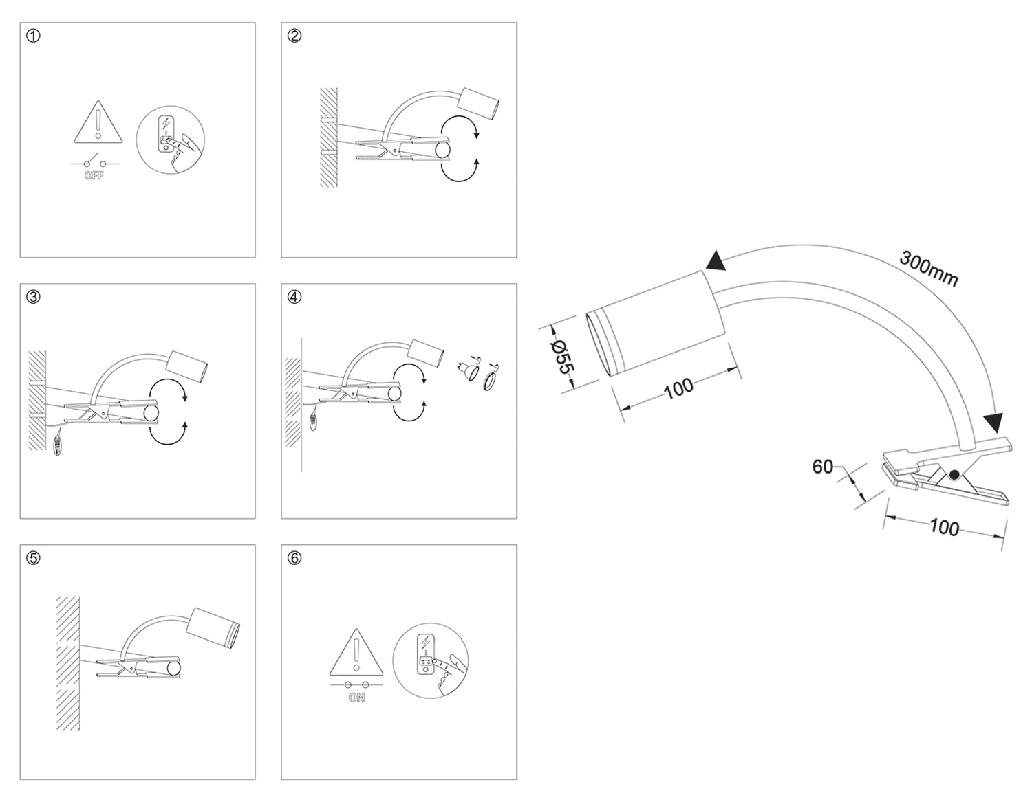 Светильник переносной на прищепке с выключателем FW2467 WH белый GU10 max 12W D55*L100*H300