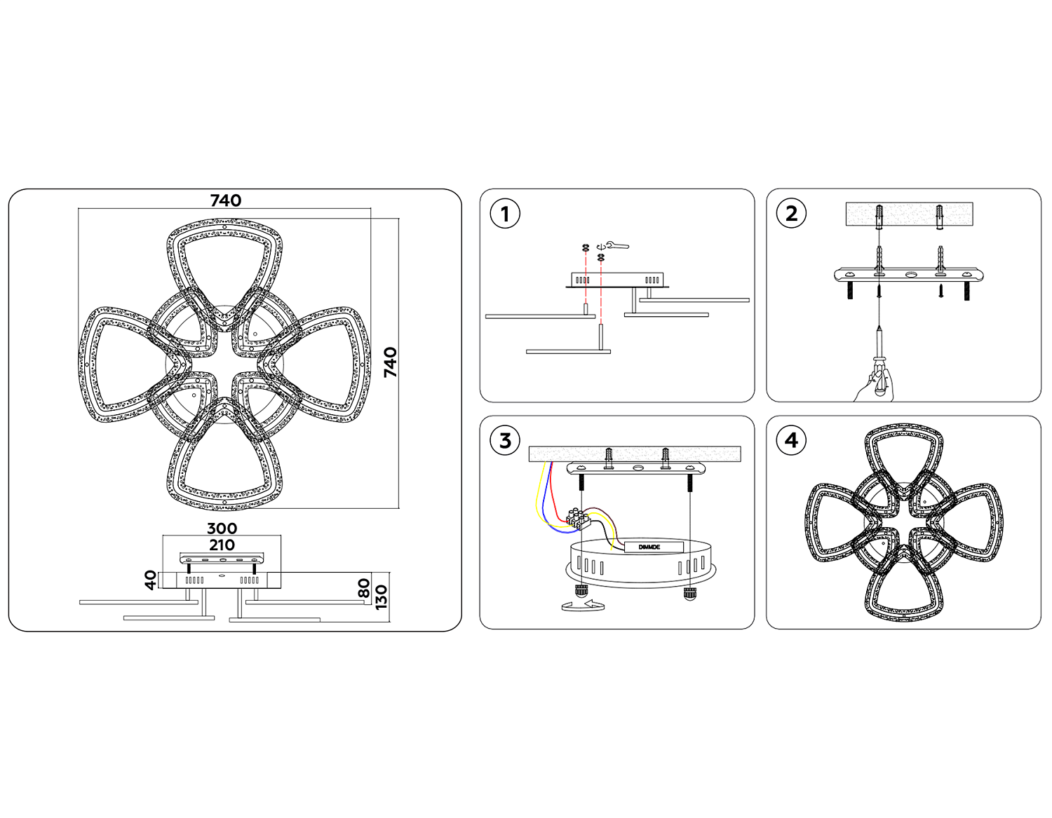 Управляемый потолочный светодиодный светильник FA8863/4+4 WH белый 182W 3000K+6400K/3000K/6400K/4200K+4200K 740*740*130 (ПДУ РАДИО 2.4G)