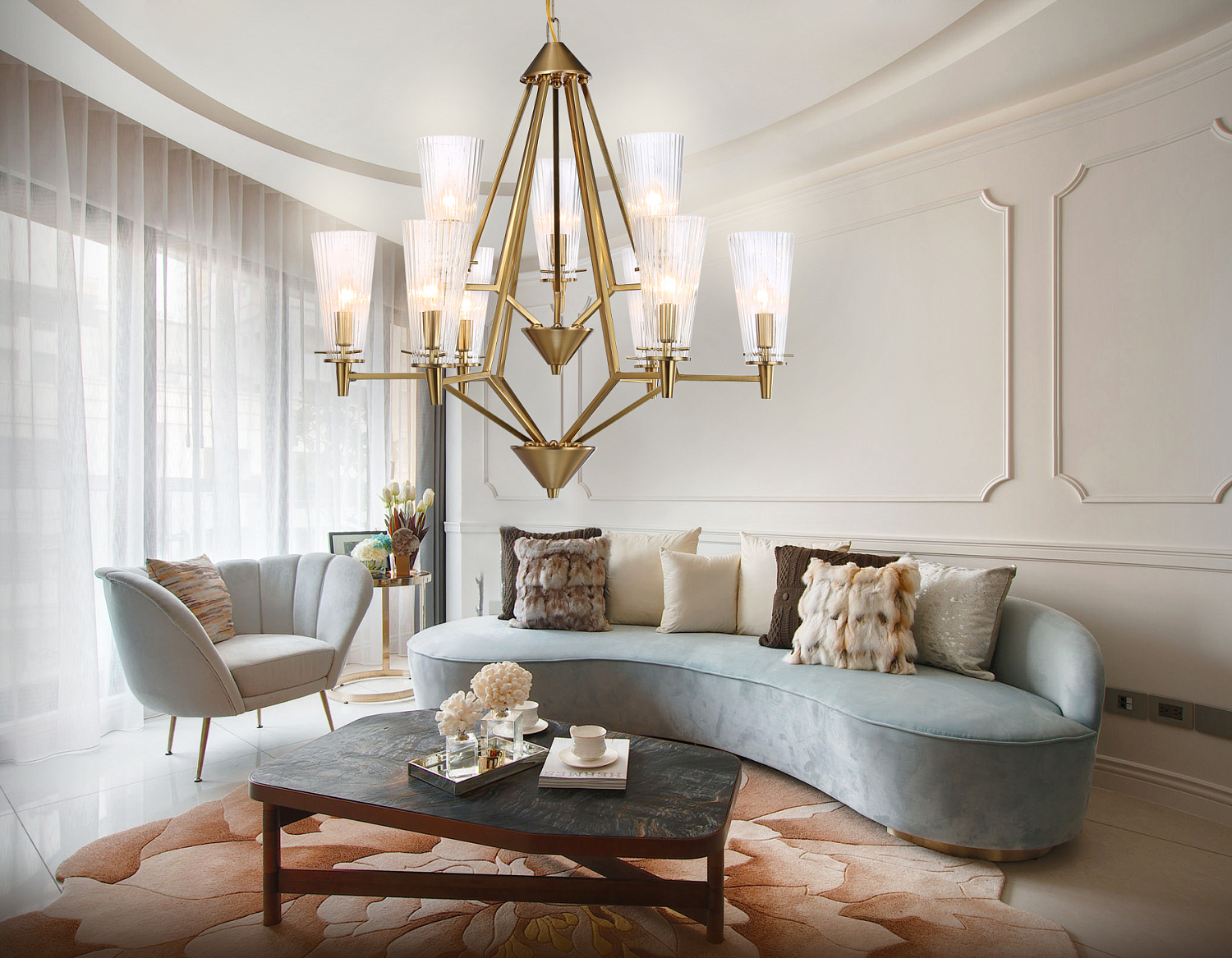 Подвесная люстра TR3233/6+3 BS/FR латунь/белый матовый E14*9 max 40W D730*720