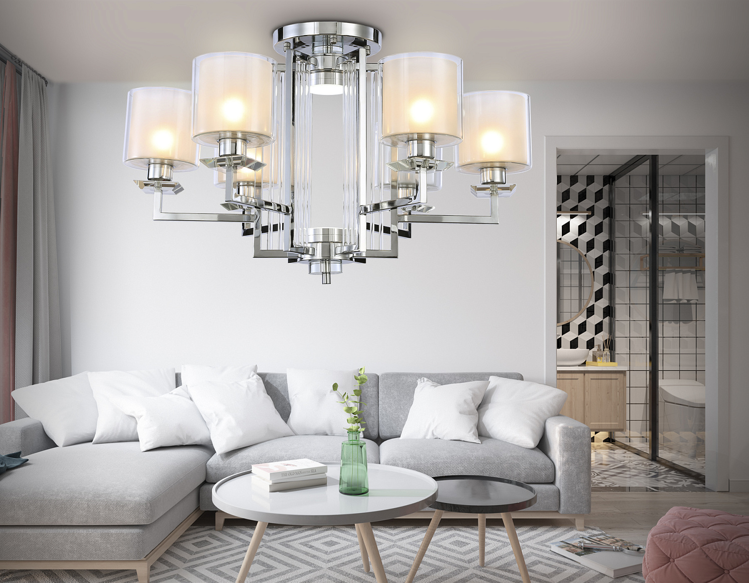 Потолочная люстра TR4418/6 CH/CL/FR хром/прозрачный/белый матовый E27*6 max 40W D748*463