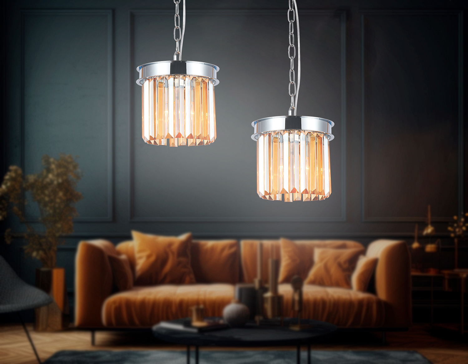 Подвесной светильник с хрусталем TR5102 CH/TI хром/янтарь E14 max 40W D200*575