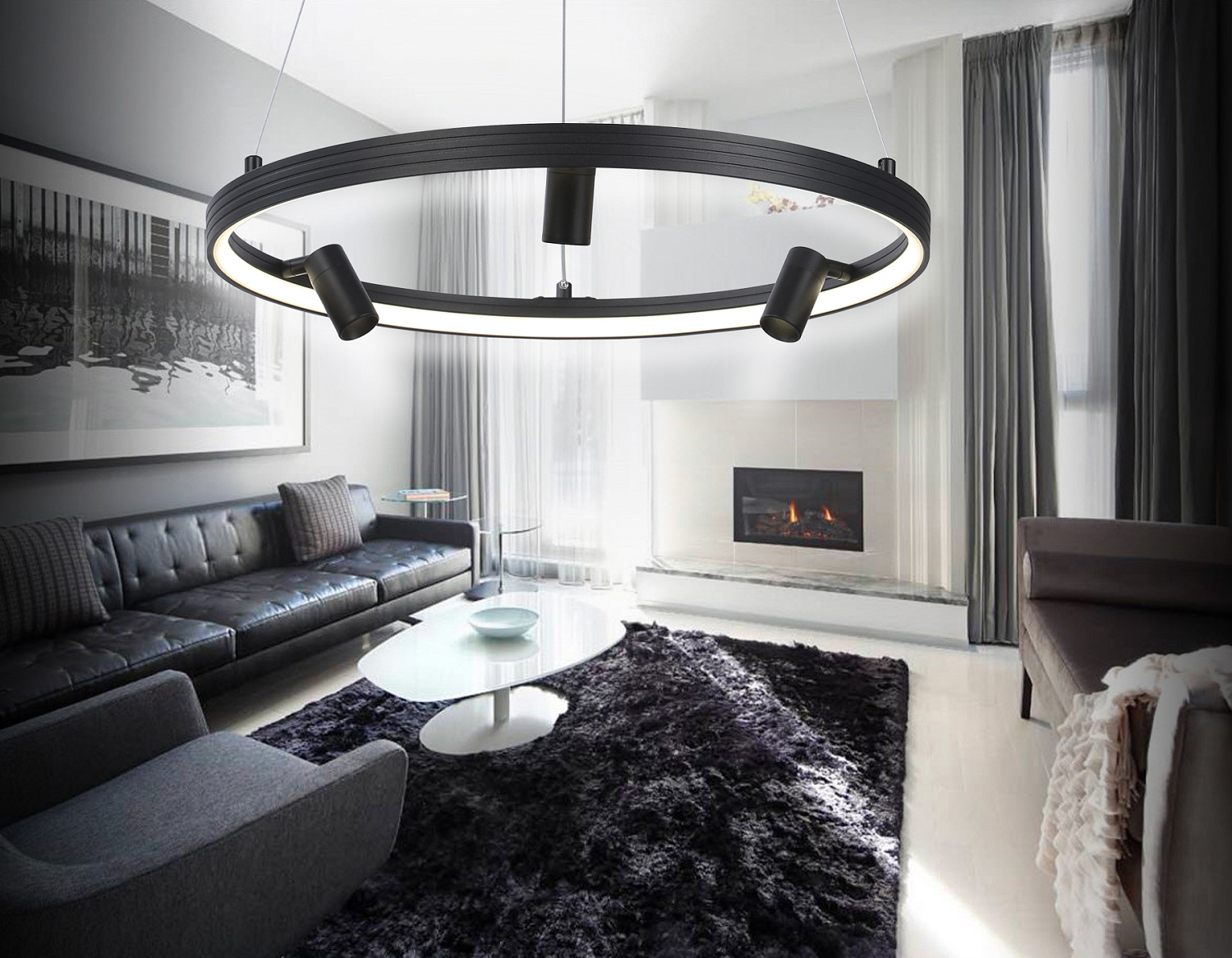 Подвесной светодиодный светильник с пультом FL5284/1+3 BK черный 50W 3000K/4200K/6400K+4200K D500*1200 (ПДУ ИК)