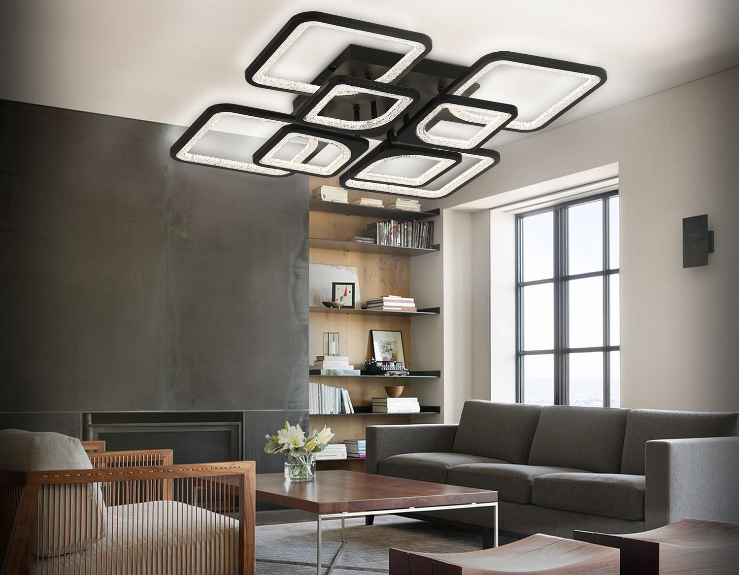 Потолочный светодиодный светильник с пультом FA4424/4+4 BK черный 150W 3000K+6400K/4200K/6400K+3000K 580*580*120 (ПДУ ИК)