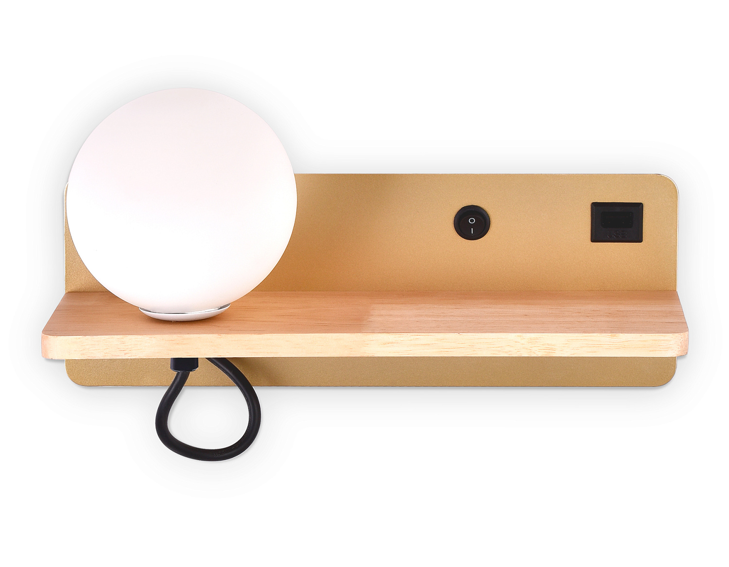 Настенный светильник с выключателем, USB портом и полкой FW520 GD/LW золото/светлое дерево G9 max 40W 280*100*125 (лампа LED G9 5W 4200K в комплекте)