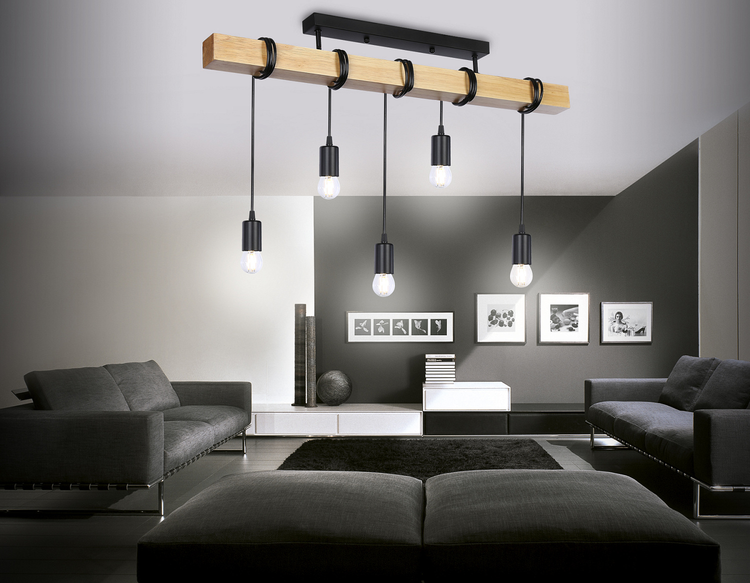 Подвесной светильник в стиле лофт TR8183/5 BK/LW черный/светлое дерево E27*5 max 40W 800*50*420