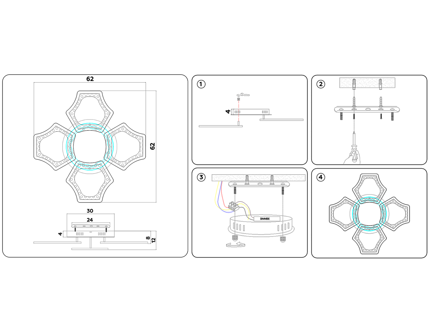 Потолочный светодиодный светильник с пультом FA576/4+1 DCH черный хром 106W 620*620*120 (ПДУ РАДИО 2.4G)