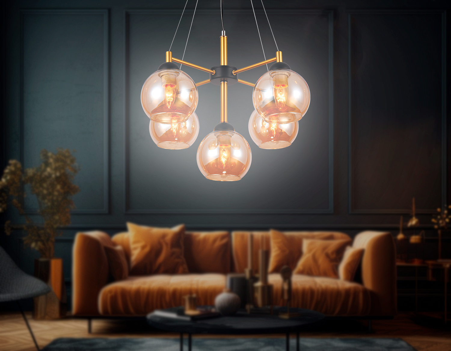 Подвесная люстра TR9026/5 BK/TI черный/янтарь E27 max 40W D580*600