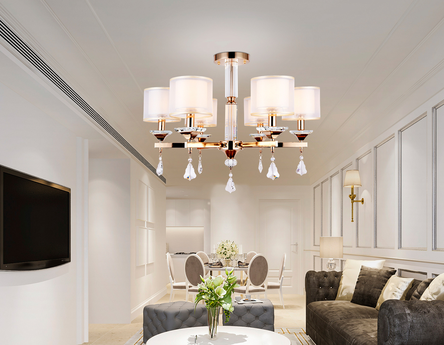 Подвесная люстра с хрусталем TR4535/6 GD/WH золото/белый E14/6 max 40W D700*560