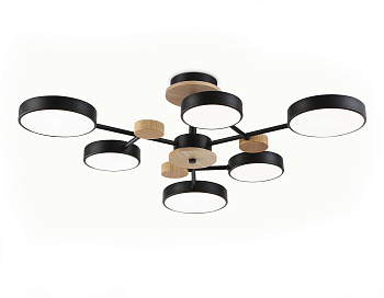 Люстра светодиодная на штанге FL4863/6 BK/WD черный/дерево 90W 3000-6000K D750*180 (без ПДУ)