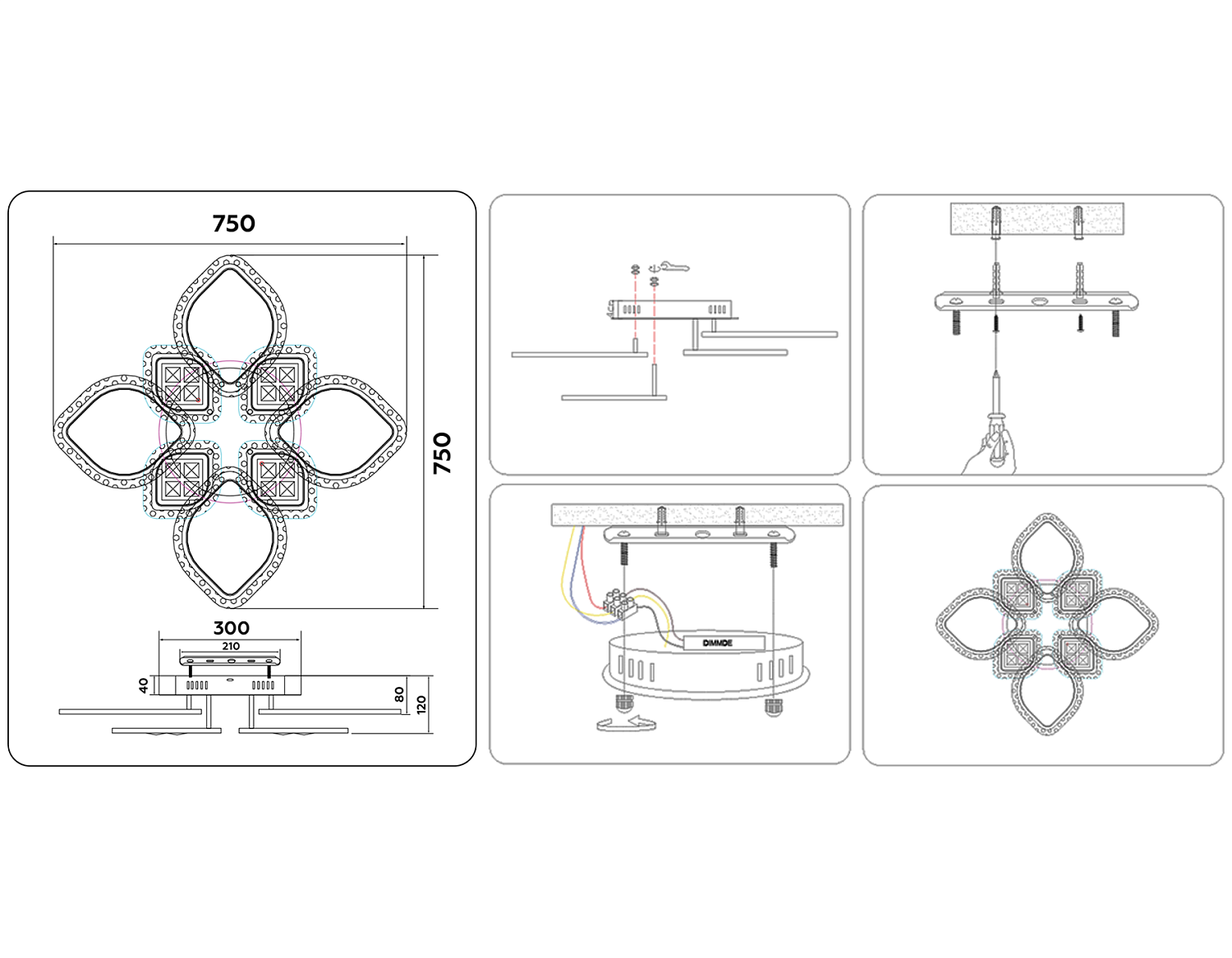 Потолочный светодиодный светильник с пультом FA2835/4+4 DCH черный хром 3000K/4200K/6400K 118W 750*750*120 (ПДУ РАДИО 2.4G)