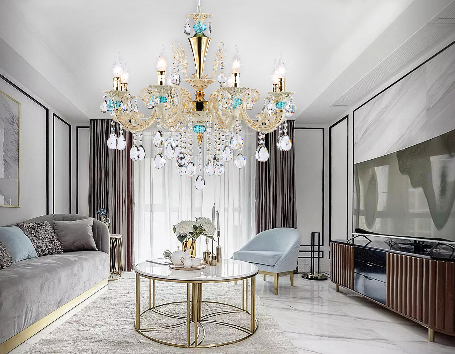 Подвесная люстра с хрусталем TR4926/8 GD/WH/CL золото/белый/прозрачный E14*8 max 40W D740*630