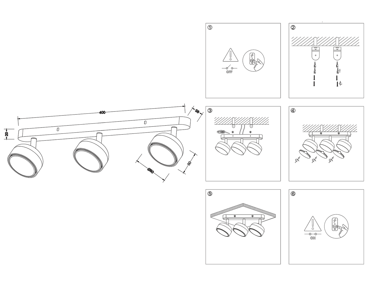 Светильник накладной поворотный со сменной лампой GX53 TN71018/3 BK черный GX53/3 max 12W 400*80*90