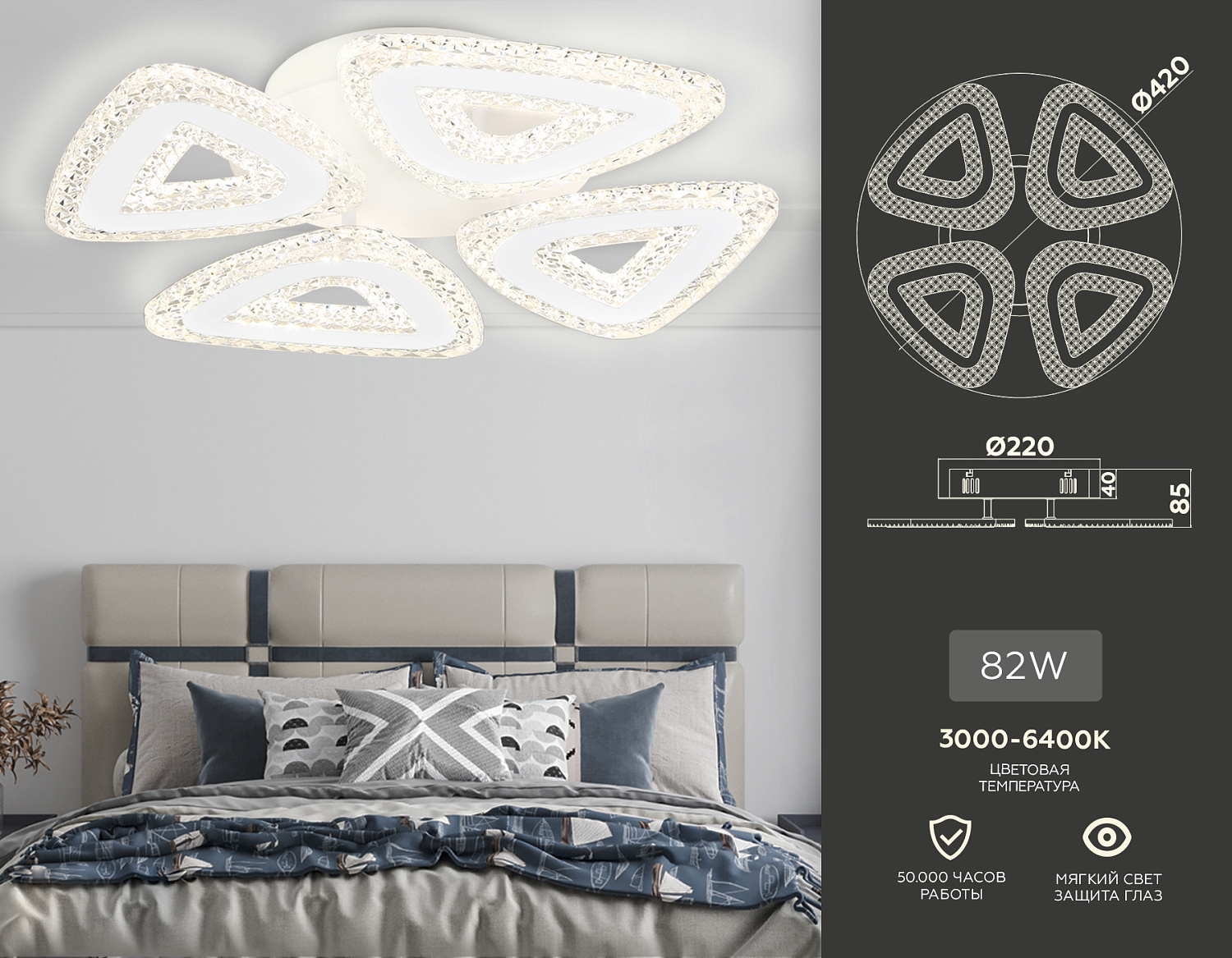 Потолочный светодиодный светильник с пультом FA4019/4 WH белый 82W 3000K+6400K/4200K/6400K+3000K D420*85 (ПДУ ИК)