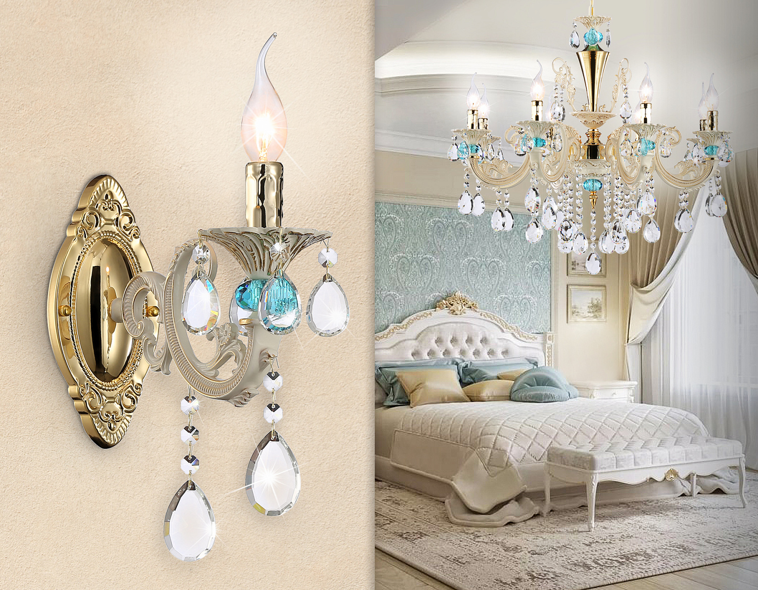 Настенный светильник с хрусталем TR4932 GD/WH/CL золото/белый/прозрачный E14 max 40W 400*120*270