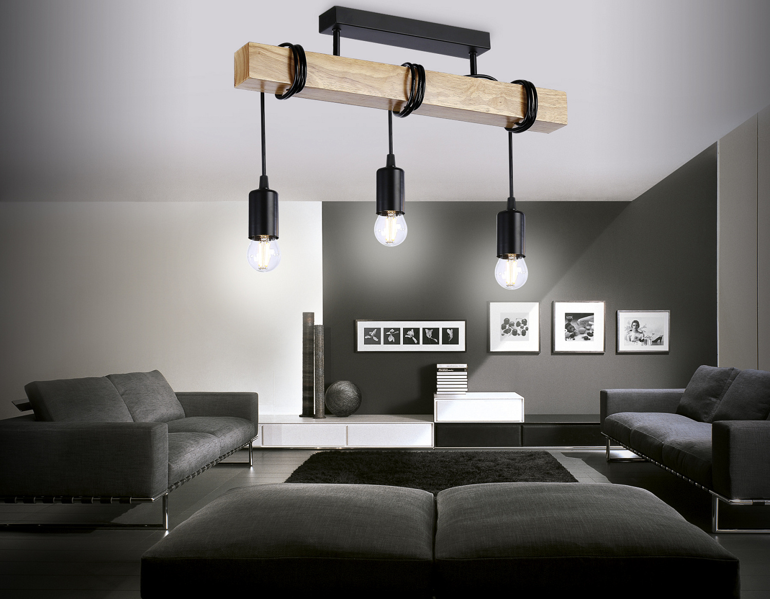 Подвесной светильник в стиле лофт TR8182/3 BK/LW черный/светлое дерево E27*3 max 40W 500*50*420