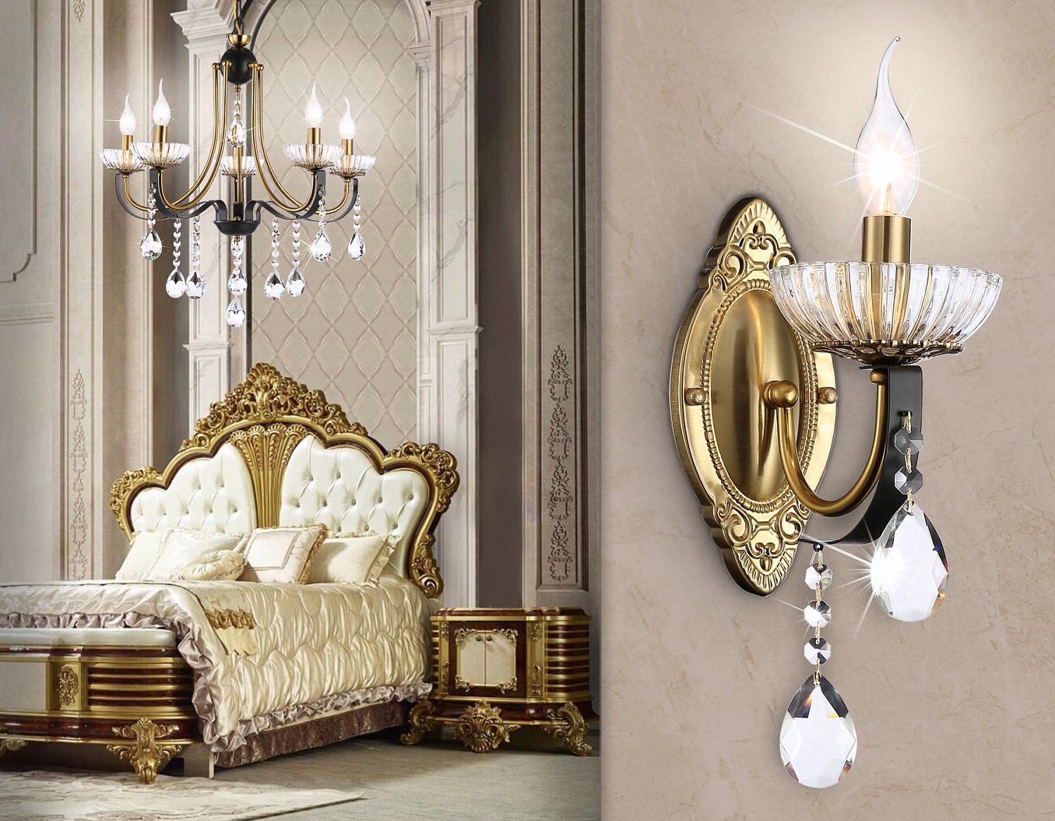 Настенный светильник с хрусталем TR4954 BK/GD/CL черный/золото/прозрачный E14 max 40W 410*120*210