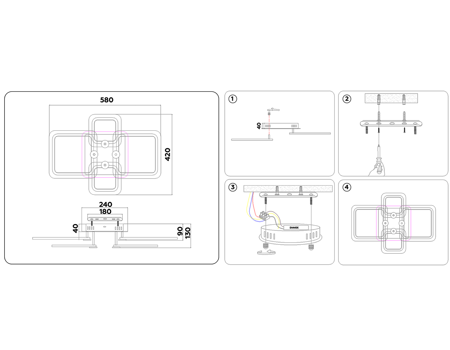 Потолочный светодиодный светильник с пультом FA534/2+2 CH хром 105W 580*420*130 (ПДУ РАДИО 2.4G)