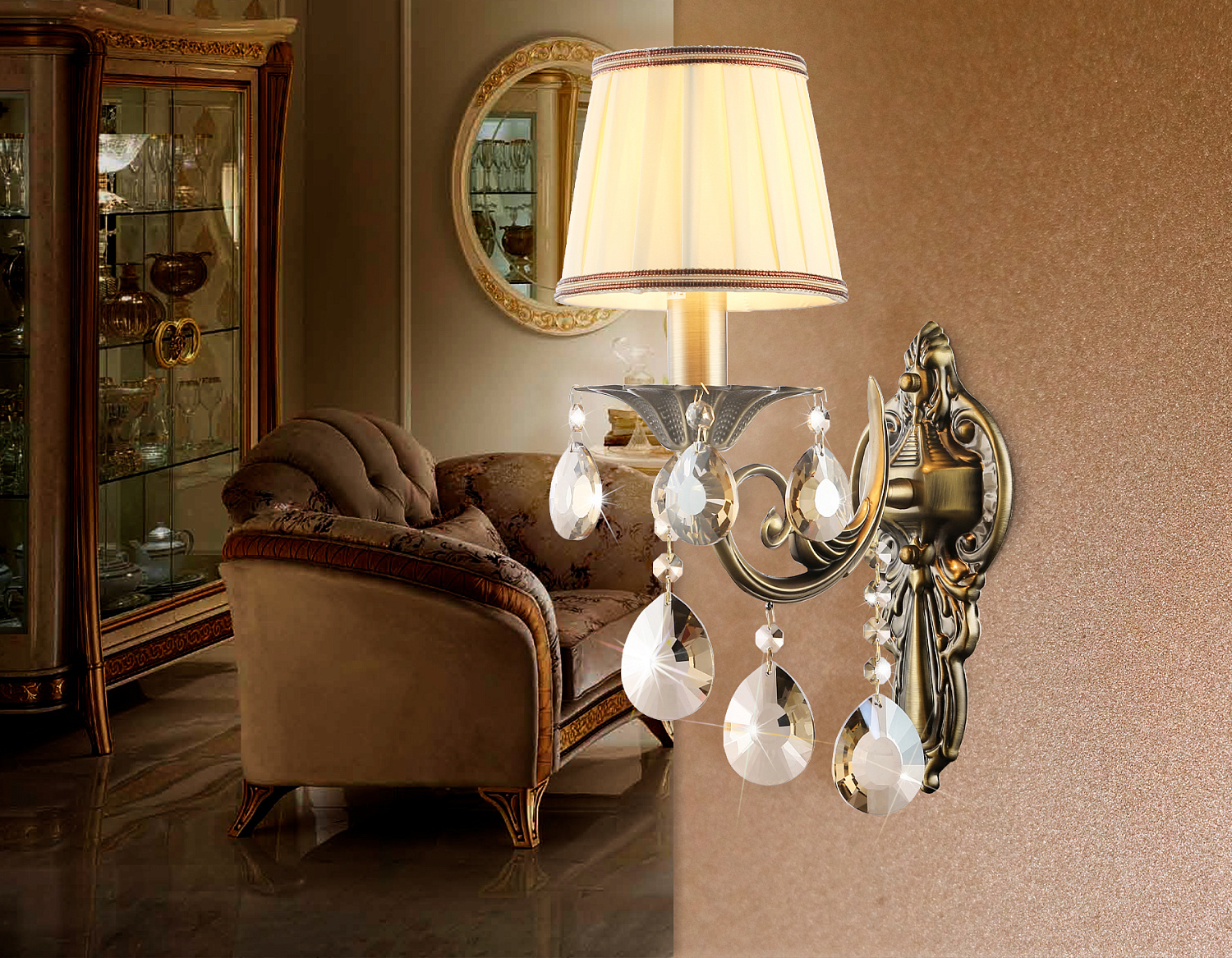 Настенный светильник с абажуром и хрусталем TR4578 SB/WH бронза/белый E14 max 40W 405*130*230