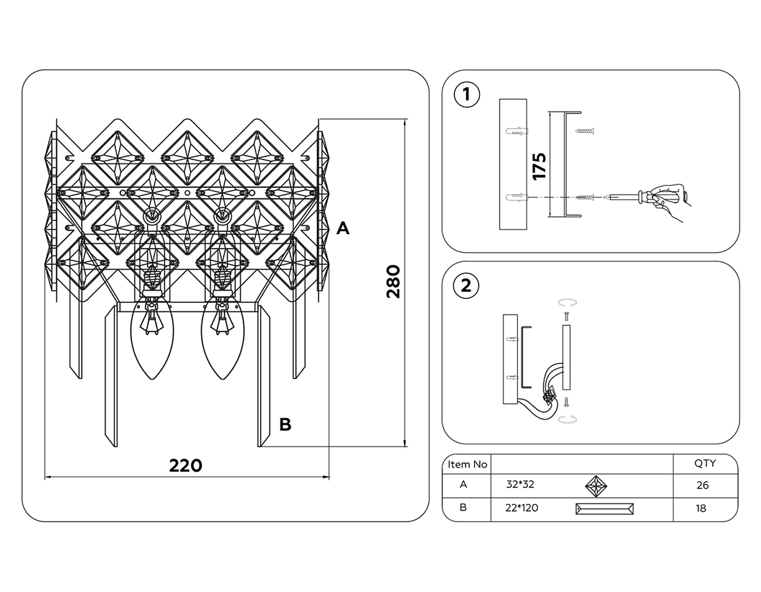 Настенный светильник с хрусталем TR5282/2 CH/CL хром/прозрачный E14/2 max 40W 280*220*150