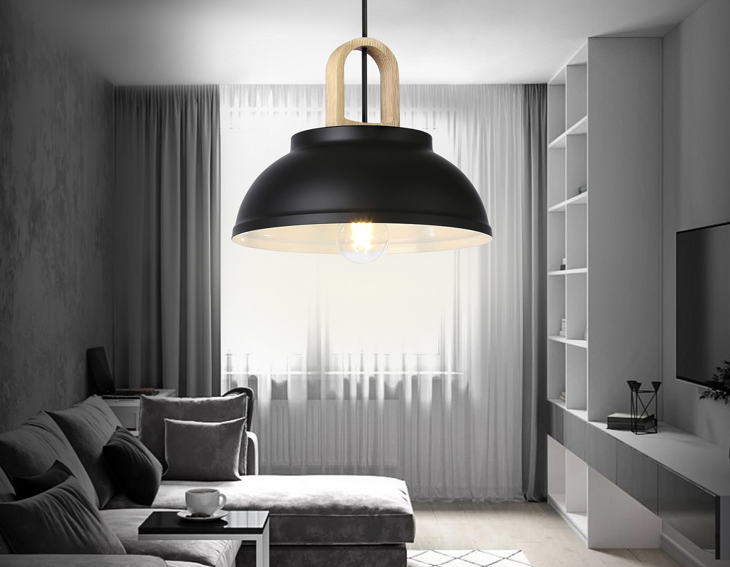 Подвесной светильник в стиле лофт TR8192 BK/LW черный/светлое дерево E27 max 40W D290*900