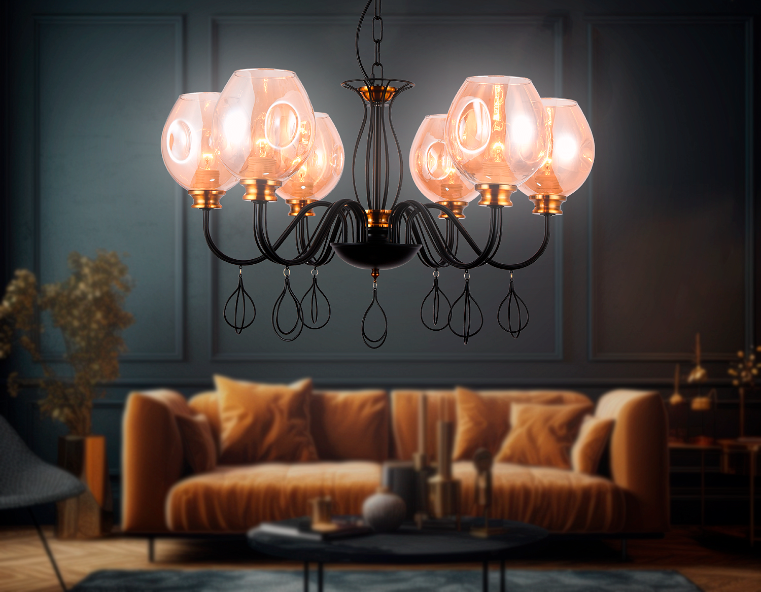 Подвесная люстра TR9055/6 BK/TI черный/янтарь E27 max 40W D700*850