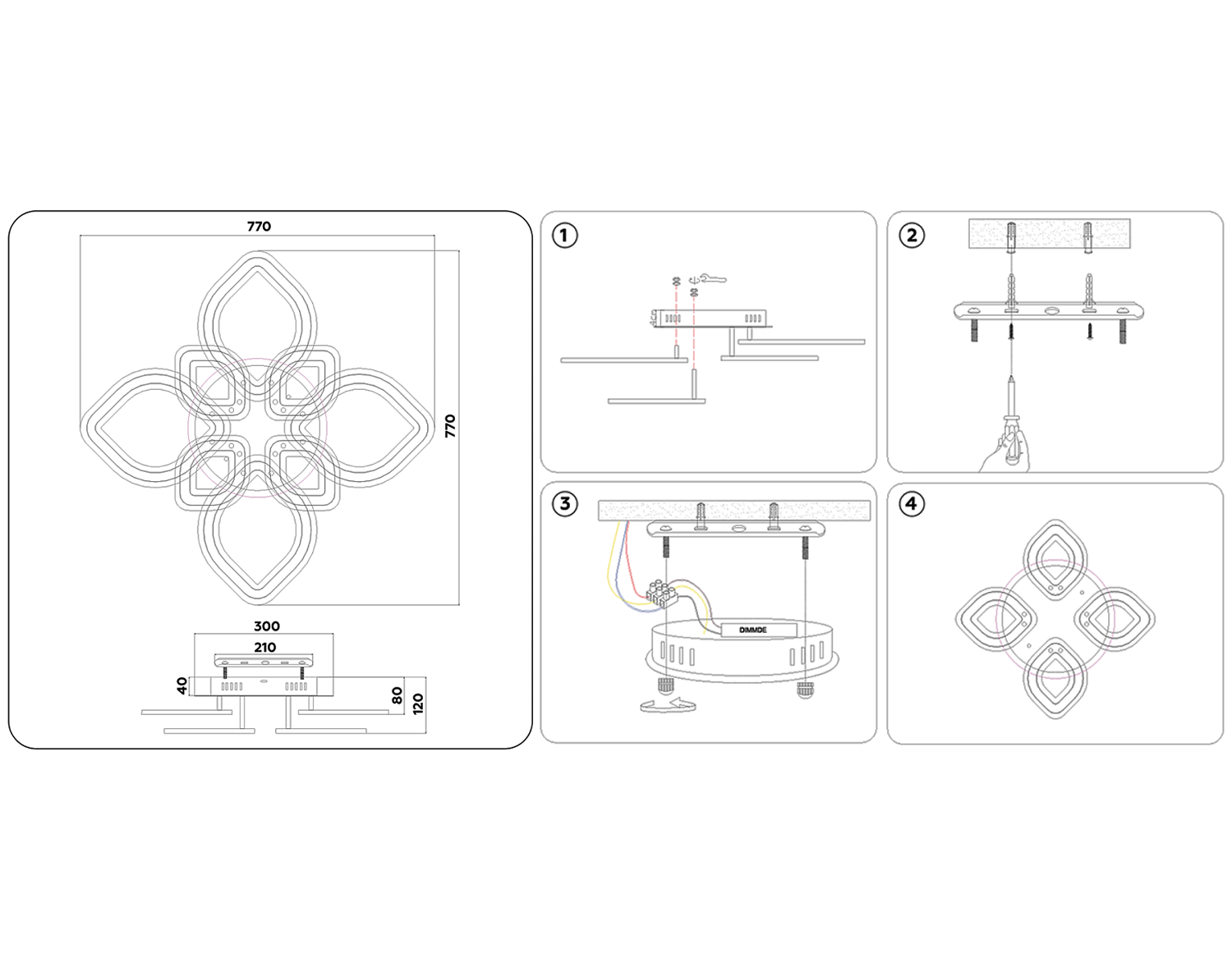 Потолочный светодиодный светильник с пультом FA8844/4+4 WH белый 3000K/4200K/6400K 190W 770*770*120 (ПДУ РАДИО 2.4G)