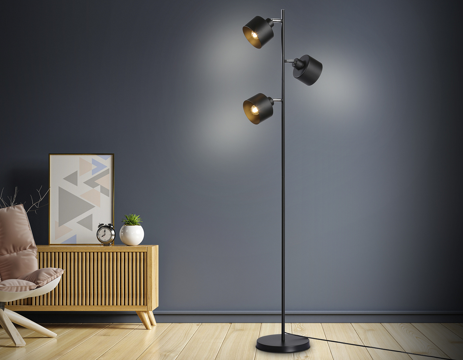 Напольный светильник со сменной лампой в стиле лофт TR8155/3 BK черный E27*3 max 40W D370*1530