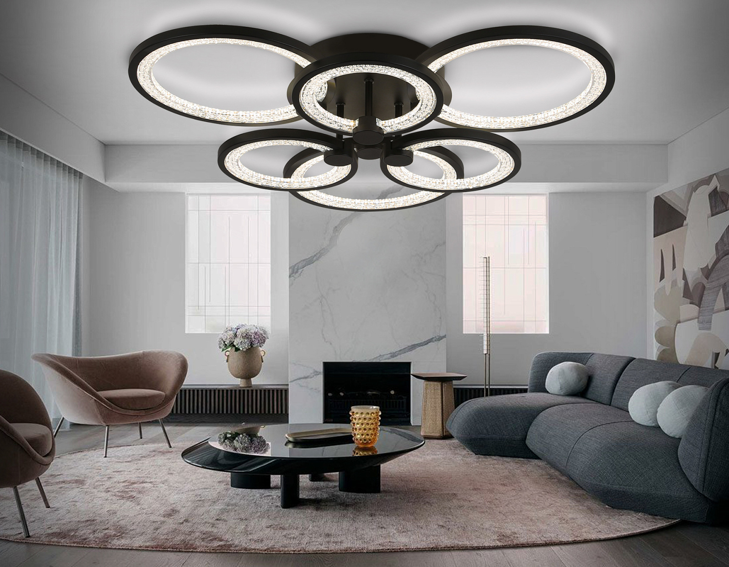 Потолочный светодиодный светильник с пультом FA4092/3+3 BK черный 100W 3000K+6400K/4200K/6400K+3000K 620*570*120 (ПДУ ИК)