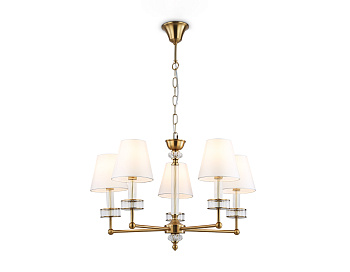 Подвесная люстра с абажурами и хрусталем LH71021/5 BS/WH латунь/белый E14*5 max 40W D670*1130