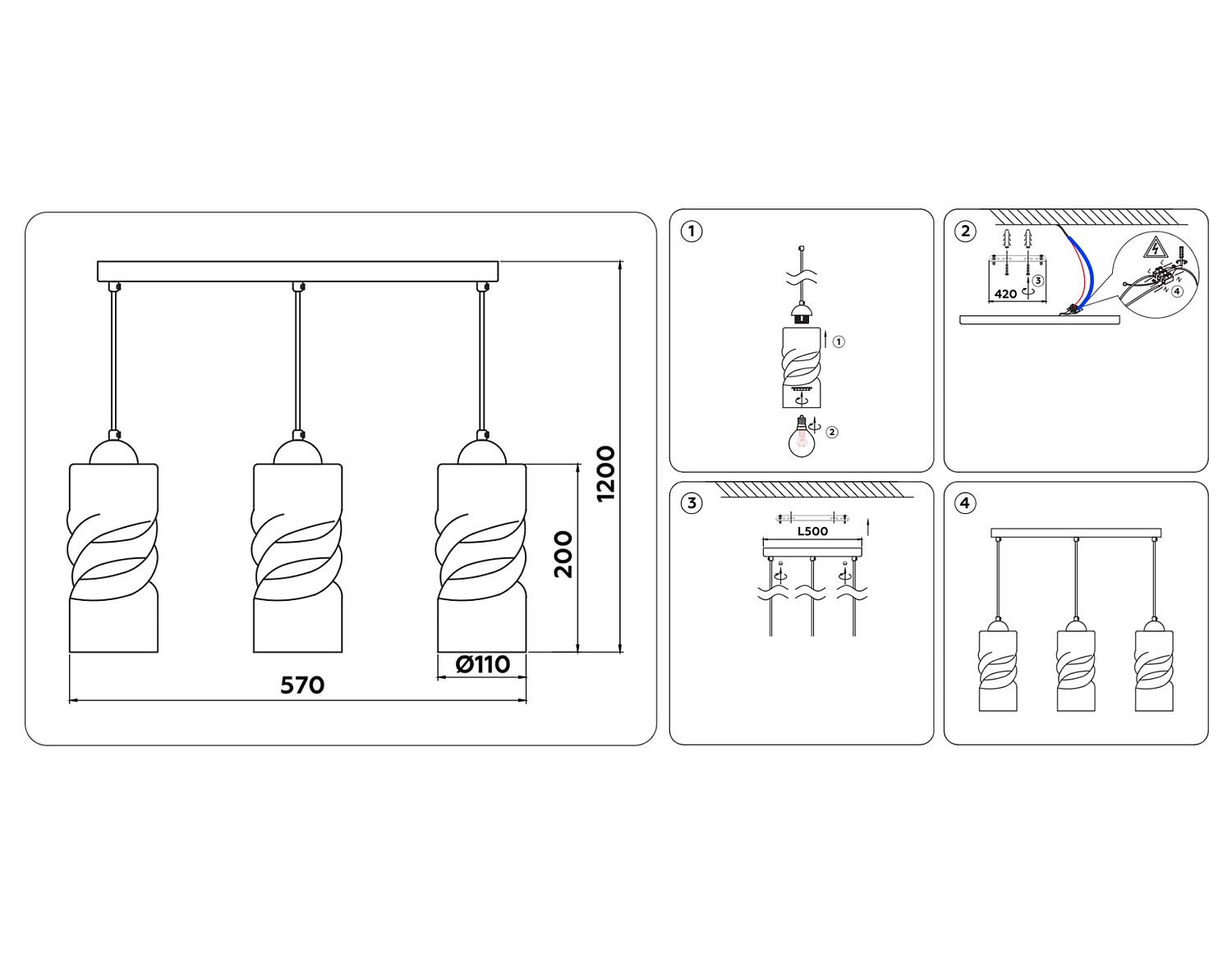 Подвесной светильник TR3556/3 BK/TI черный/янтарь E27 max 40W 570*110*1200