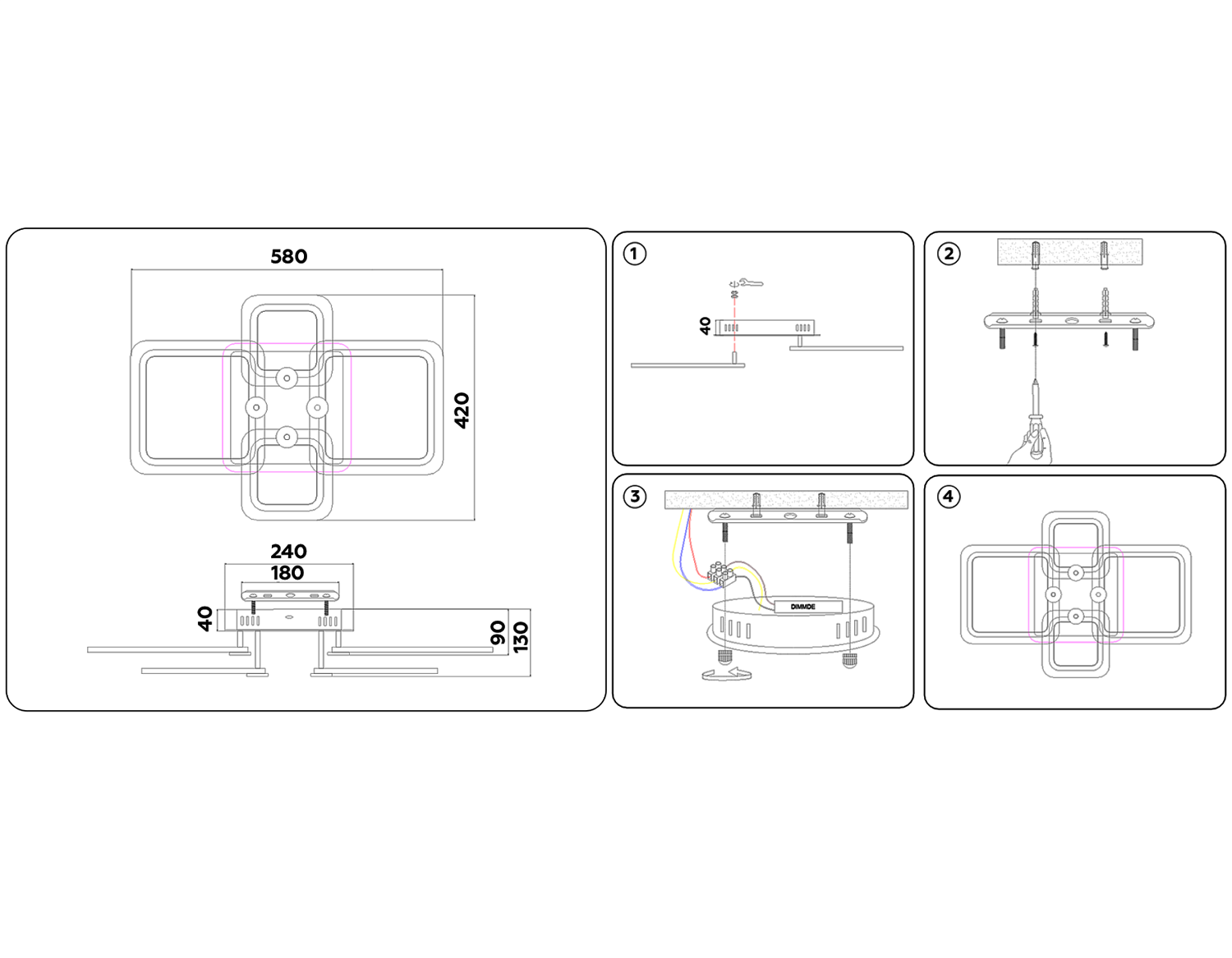Потолочный светодиодный светильник с пультом FA531/2+2 BK черный 105W 580*420*130 (ПДУ РАДИО 2.4G)